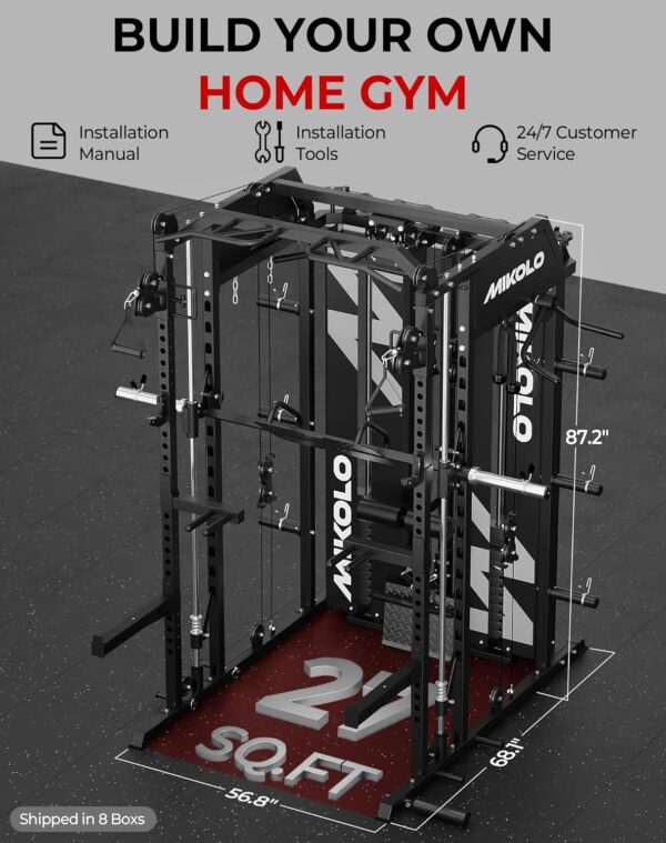 Mikolo Smith Machine with Weight Stack, Power Cage Home Gym System with LAT Pulldown & Cable Crossover, Multi-Functional Trainer with Dual Pulley System, Includes 10+ Free Attachments