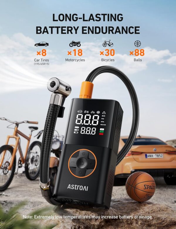 81XjZBb8y1L._AC_SL1500_.jpg AstroAI L7 Tire Inflator Portable Air Compressor Cordless Mini Bike Pump with Digital Dual Values Display, 150 PSI Car Tires Air Pump with LED Lights&Pressure Gauge for Auto, Motorcycles, Bikes, Balls