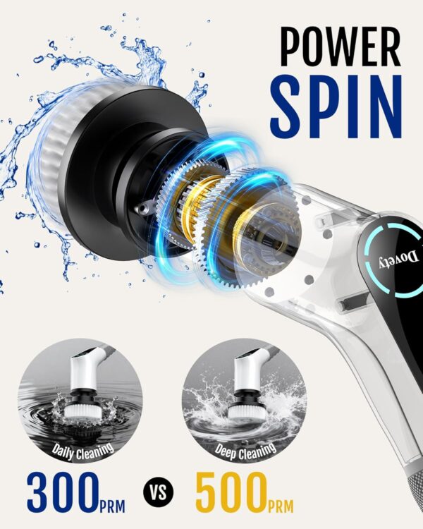 Dovety Electric Spin Scrubber, Shower Scrubber, Power Cleaner Tools with 8 Replaceable Brush Heads, Cleaning Brush with Extension Handle, 2 Adjustable Speeds, 90Mins Work Time for Home Bathtub-White