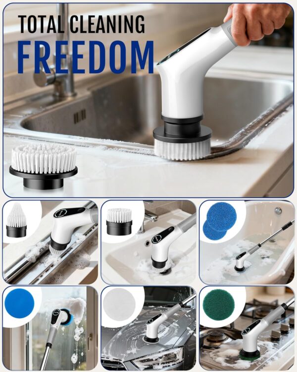 Dovety Electric Spin Scrubber, Shower Scrubber, Power Cleaner Tools with 8 Replaceable Brush Heads, Cleaning Brush with Extension Handle, 2 Adjustable Speeds, 90Mins Work Time for Home Bathtub-White