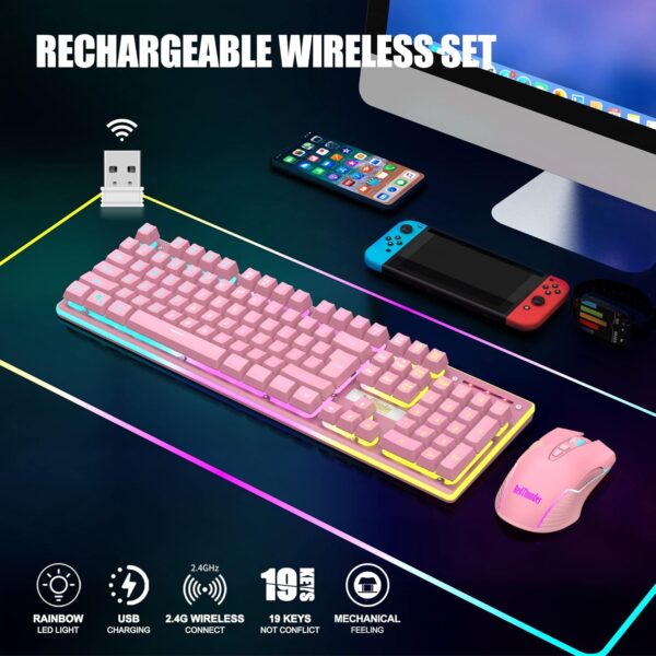 81YyndfyOyL._AC_SL1500_.jpg RedThunder K10 Wireless Gaming Keyboard and Mouse Combo, LED Backlit Rechargeable 3800mAh Battery, Mechanical Feel Anti-ghosting Keyboard + 7D 3200DPI Mice for PC Gamer (Pink)