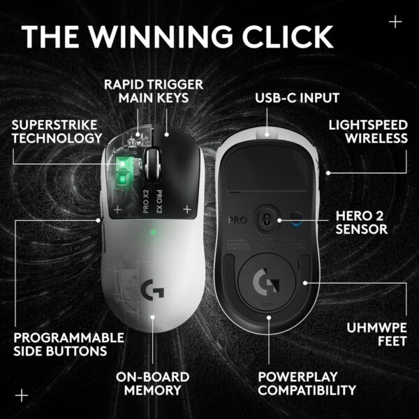 81cTT5Cex2L._AC_SL1500_.jpg Logitech PRO X2 SUPERSTRIKE Lightspeed Wireless Gaming Mouse, Ultra-Fast Performance, Ultra Lightweight (61 g), Customizable Click Haptics, USB-C Charging, for PC/Mac/Laptop - White