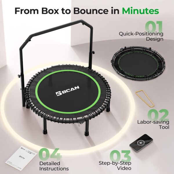 81cm927OSRL._AC_SL1500_.jpg BCAN BT2 450/550LBS Mini Rebounder Trampoline for Adults with Bar, Fitness Trampoline with Bungees, Adjustable Handle, Stable & Quiet, Indoor Outdoor, Whole-Body Workout & Relaxation at Home-40IN/48IN