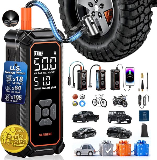81dezuFNdYL._AC_SL1500_.jpg OlarHike Tire Inflator Portable Air Compressor, 150PSI Dual Power - 6000mAh & 12V DC, Cordless Air Pump for Car Tires, Bikes, Motorcycle, Balls with LED & Digital Pressure Gauge, Gift for Mom