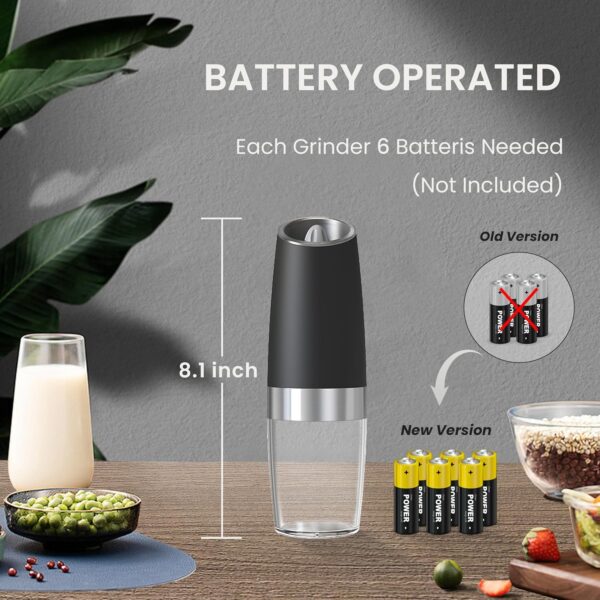 81fxRgVMYIL._AC_SL1500_.jpg Battery Operated Salt And Pepper Grinder Set with LED Light, Automatic Electric Gravity Salt And Pepper Shakers Set, Each 6 AAA Batteries Needed, Adjustable Roughness, 2 Pack (Black)