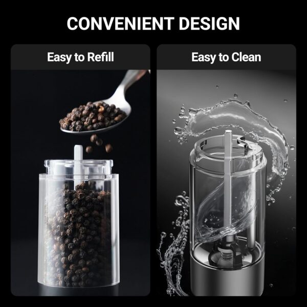 ThermoMaven Electric Salt and Pepper Grinder Set, 110ml Larger Rechargeable Automatic Salt and Pepper Mill Grinder with 6 Adjustable Coarseness, Electric Salt and Pepper Shakers, LED, 2 Packs, Black