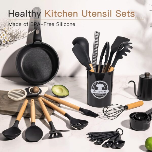 Astercook 39 PCS Kitchen Utensils Set, Silicone Cooking Utensil Sets with Wooden Handle, 446°F Heat Resistant Food Grade Spatula Set, BPA Free Kitchen Gadgets Tools Set for Mothers Day Gifts