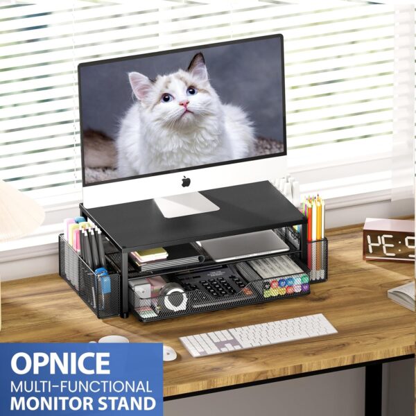 81hjJxS4TEL._AC_SL1500_.jpg OPNICE Desk Organizer and Accessories, 2-Tier Computer Monitor Stand Riser with Drawer and 2 Pen Holders, Laptop Stand, Office Desk Accessories for Office Supplies, Black