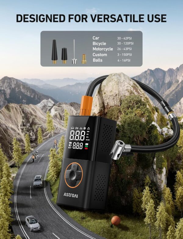 81iEarFYV3L._AC_SL1500_.jpg AstroAI L7 Tire Inflator Portable Air Compressor Cordless Mini Bike Pump with Digital Dual Values Display, 150 PSI Car Tires Air Pump with LED Lights&Pressure Gauge for Auto, Motorcycles, Bikes, Balls