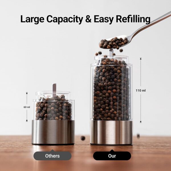 81izmAOZgnL._AC_SL1500_.jpg ThermoMaven Upgraded Larger Capacity Electric Salt and Pepper Grinder Set, 110ml Rechargeable Salt and Pepper Shaker with LED Light, Stainless Steel Automatic Pepper Mill with 6 Adjustable Coarseness