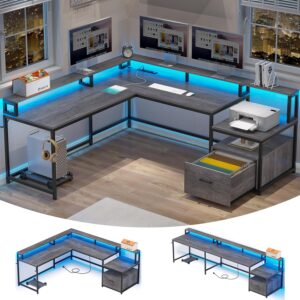 81je38MvrWL._AC_SL1500_.jpg SEDETA L Shaped Desk, 66" Home Office Desk with Wood File Drawer & Power Outlet, Gaming Desk with Led Lights, Corner Computer Desk with Monitor Shelf, Printer Storage Shelves, Two Person Desk, Grey
