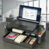 ECOLOVI Desk Organizer and Accessories, 2-Tier Computer Monitor Stand Rise with Storage Drawer & 2 Pen Holders, Laptop & Printer Stand for Desktop, Workspace Organizers for Office Supplies (Black)
