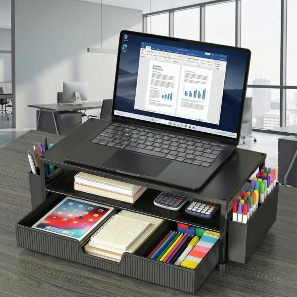 ECOLOVI Desk Organizer and Accessories, 2-Tier Computer Monitor Stand Rise with Storage Drawer & 2 Pen Holders, Laptop & Printer Stand for Desktop, Workspace Organizers for Office Supplies (Black)
