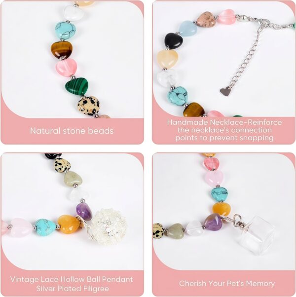 Handmade Matching Dog Collar & Owner Necklace Replaceable Pendant (Round Ball+Memory Vial) for Storing Pet Fur Gemstone Beaded Jewelry Set Dog Collar for Puppy, Large Cat Collar Set for Pet Lovers