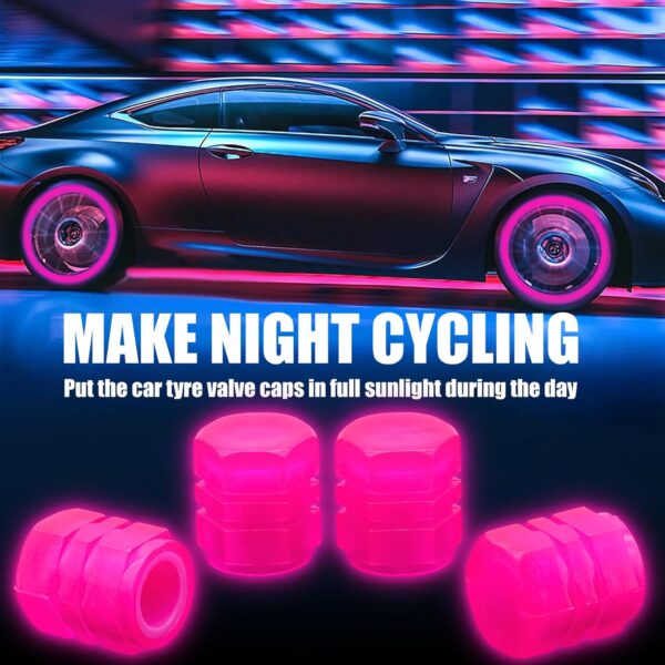4PCS Fluorescent Tire Valve Stem Caps, Luminous Car Tire Air Cap, Corrosion Resistant Leak-Proof Wheel Valve Cover, Universal for Cars, Trucks, Bikes, Motorcycles, Bicycles(Pink)