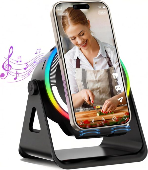 Wireless Induction Speaker, 5-in-1 Bluetooth 5.3 Phone Stand with 360° Rotation & RGB Ambient Light - Cool Tech Gadgets Gifts for Men Women Dad Mom - Compatible iPhone/Android/iPad/Samsung (Black)