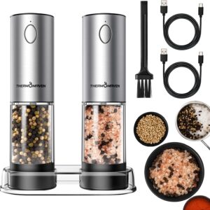 81qO1Yfh19L._AC_SL1500_.jpg ThermoMaven Electric Salt and Pepper Grinder Set, 110ml Larger Rechargeable Automatic Salt and Pepper Mill Grinder with 6 Adjustable Coarseness, Electric Salt and Pepper Shakers, LED, 2 Packs, Black