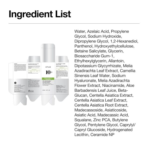 81qVVAbCUvL._SL1500_.jpg Anua Azelaic Acid 10 Hyaluron Redness Soothing Serum, Facial Serum for Blemish-Prone & Oily-Prone Skin, Lightweight & Hydrating Blemish Care, Hyaluronic Acid, Korean Skincare, 1.01 fl oz.