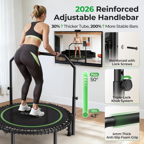 81quftk4T4L._AC_SL1500_.jpg BCAN BT2 450/550LBS Mini Rebounder Trampoline for Adults with Bar, Fitness Trampoline with Bungees, Adjustable Handle, Stable & Quiet, Indoor Outdoor, Whole-Body Workout & Relaxation at Home-40IN/48IN