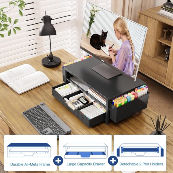 81thJYb8lFL._AC_SL1500_.jpg OPNICE Desk Organizers and Accessories, Computer Monitor Stand Riser with Drawer and 2 Pen Holders, Printer & Laptop Stand, Office Desk Accessories & Workspace Organizers for Home Office Supplies, Black