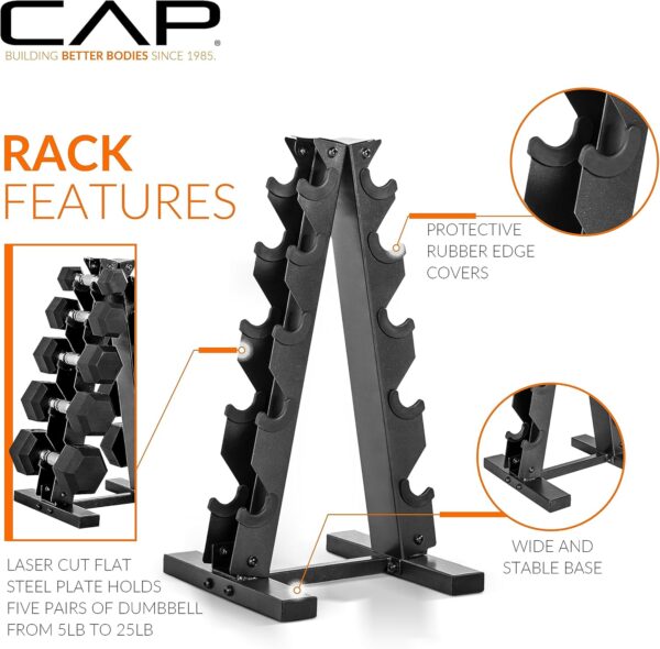 81vypDWqOnL._AC_SL1500_.jpg CAP Barbell Rubber Coated Hex Dumbbell Set with Storage Rack | 100–210 lb Options, Space-Saving Vertical Compact Storage for Home Gym Strength Training