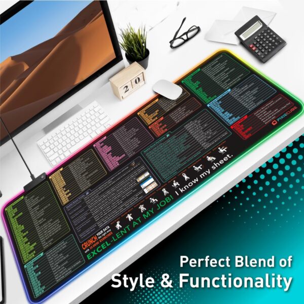 Excel Cheat Sheet LED Desk Pad | Excel Shortcut Keys Mouse Pad - Colorful RGB Luminous Extended Large Gaming Mousepad| PC Office Spreadsheet Keyboard Mat| Non-Slip Stitched Edge Desk Mat