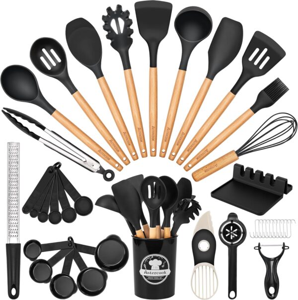Astercook 39 PCS Kitchen Utensils Set, Silicone Cooking Utensil Sets with Wooden Handle, 446°F Heat Resistant Food Grade Spatula Set, BPA Free Kitchen Gadgets Tools Set for Mothers Day Gifts