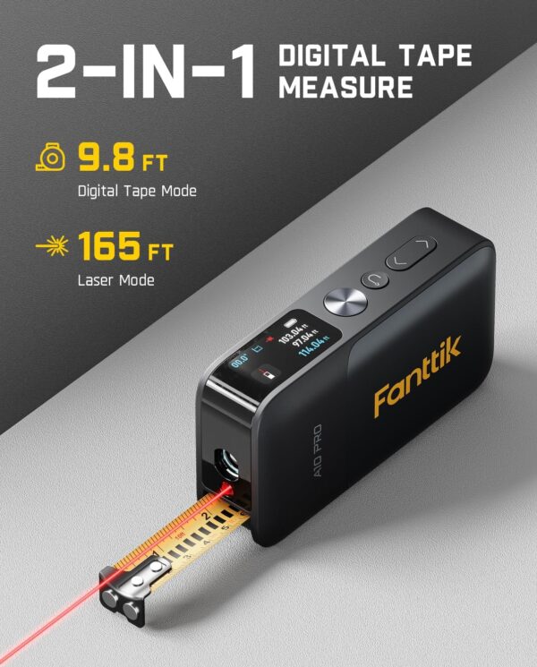 81zd4C1138L._AC_SL1500_.jpg Fanttik A10 Pro 2-in-1 Digital Laser Tape Measure with HD IPS Color Display, 165Ft Rechargeable Laser Measurement Tool & 9.8Ft Measuring Tape, 6 Units Selectable, for Distance/Area/Volume