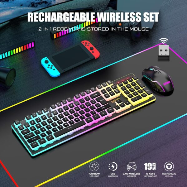 RedThunder K10 Wireless Gaming Keyboard and Mouse Combo, RGB Backlit Rechargeable 3800mAh Battery, Mechanical Feel Anti-ghosting Keyboard with Pudding Keycaps + 7D 3200DPI Mice for PC Gamer (Black)